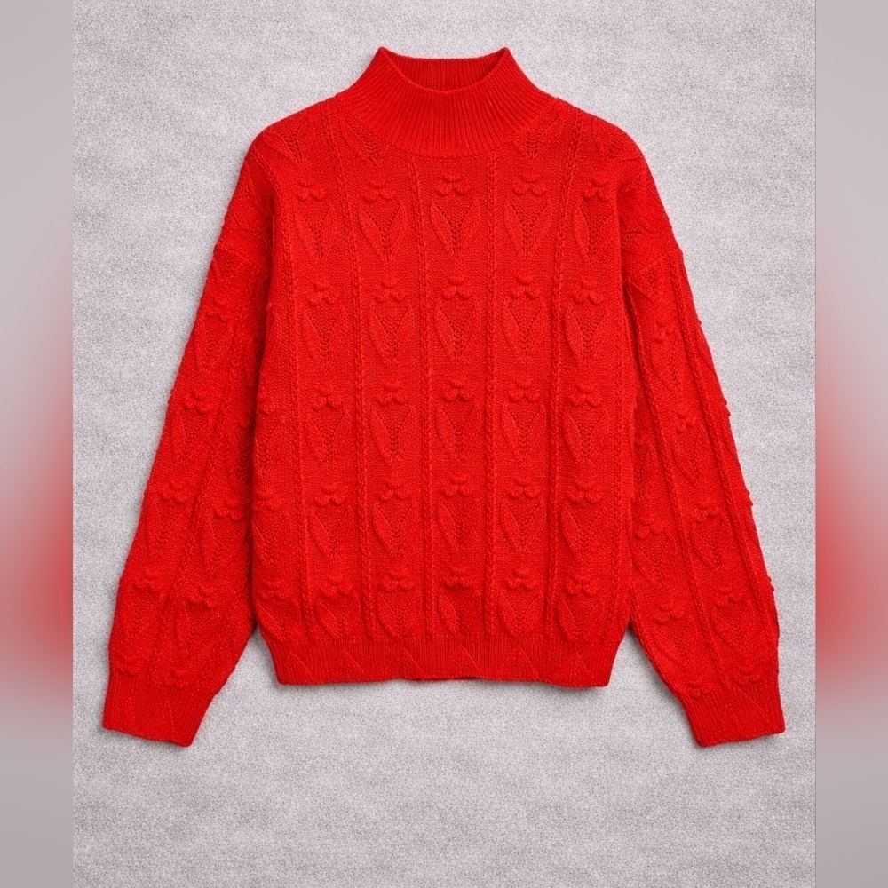 Hem & Thread Red Textured Knit Sweater Floral 3D Detail Size M